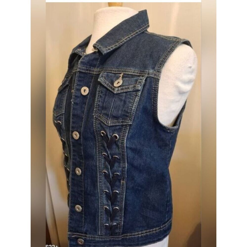 Classic Dark Blue Denim button-up Vest by Est 1946-Sleeveless Women Jeans Jacket
